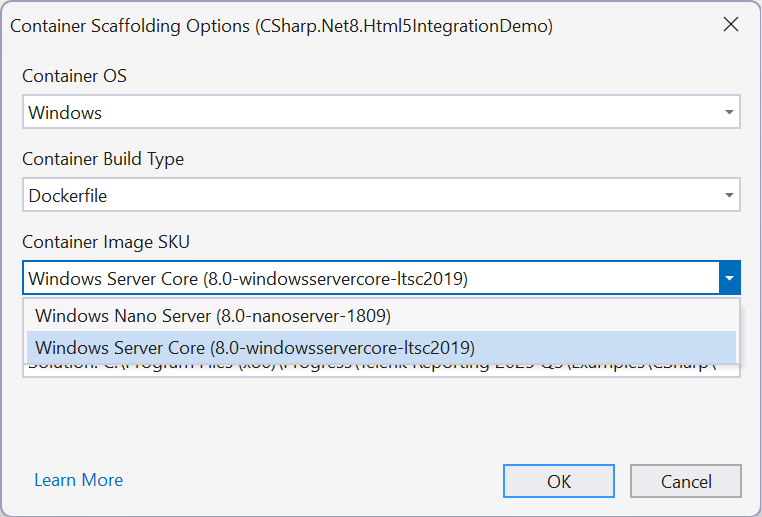 Selecting Windows Server Core as Docker Image Base in Visual Studio 2022 project.