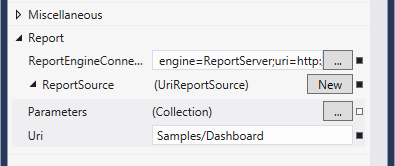 An image of the WPF UriReportSource Property Grid where the report and its parameters can be set