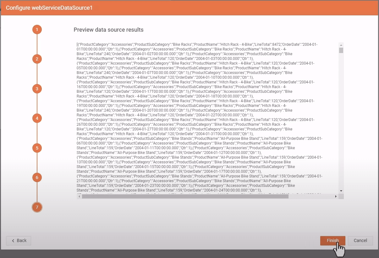 The last page of the 'Configure WebServiceDataSource' wizard in the web designer shows the 'Preview data source results'.