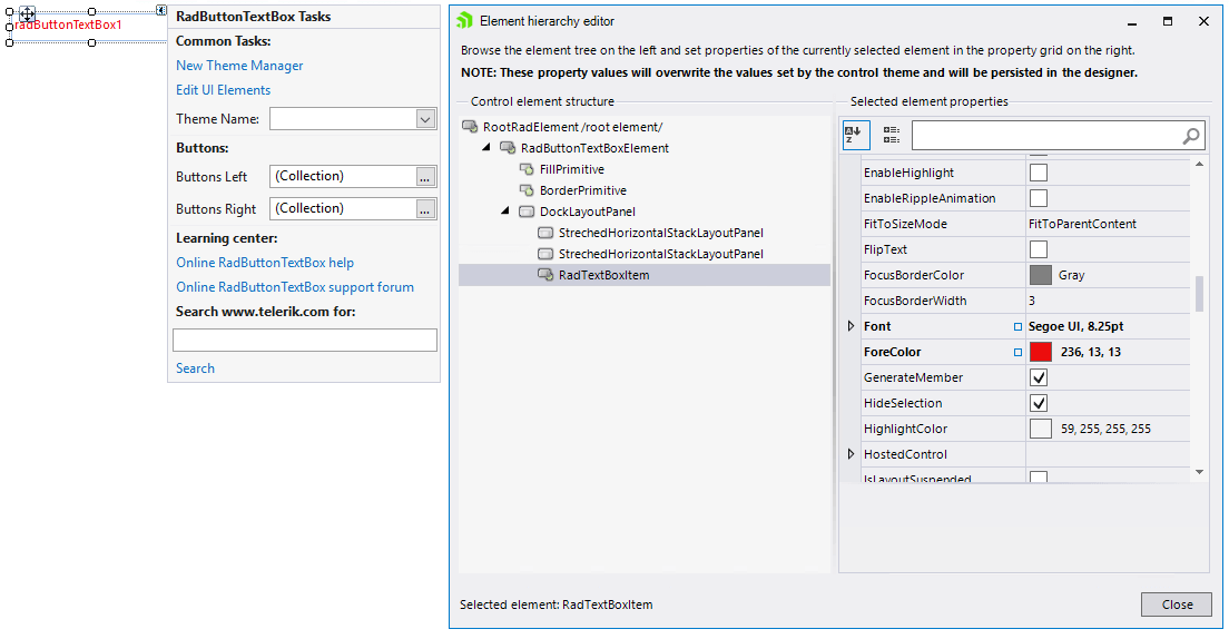 WinForms RadButtonTextBox Element hierarchy editor