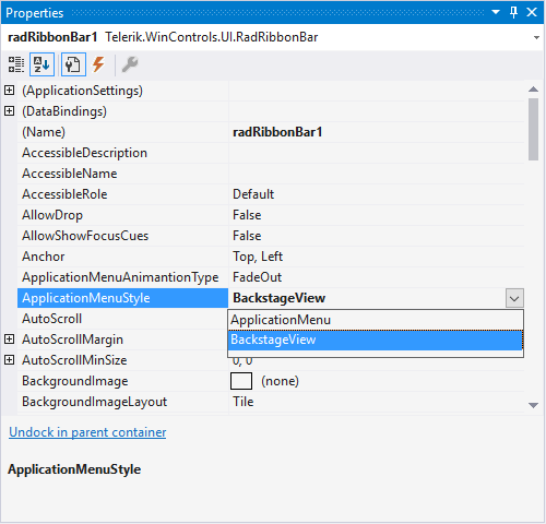 WinForms RadRibbonBar Properties Dialog