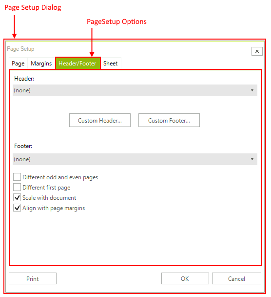 WinForms RadSpreadsheet Header/Footer in the Page Setup dialog box