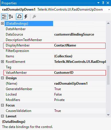 WinForms RadDomainUpDown DisplayMember ValueMember Design time