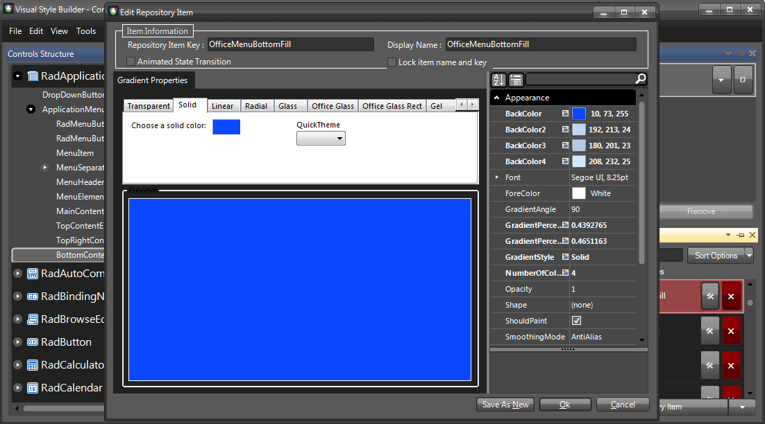 WinForms RadApplicationMenu Edit Repository Dialog