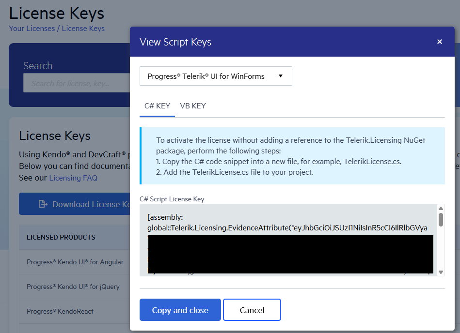 Download a Telerik UI for WinForms Script Key