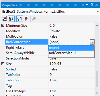 WinForms RadContextMenu Properties Window