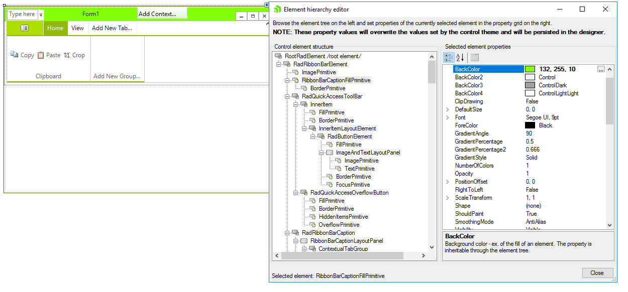 WinForms RadRibbonForm Element Hierarchy Editor