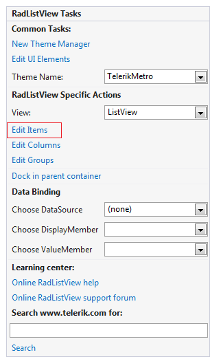 WinForms RadListView Items Collection in Smart Tag