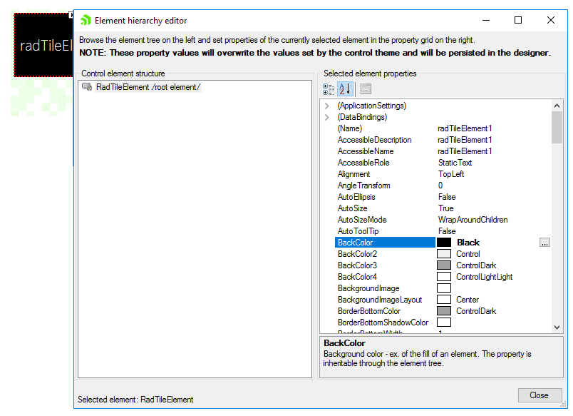 WinForms RadPanorama TileElement Element Editor Dialog