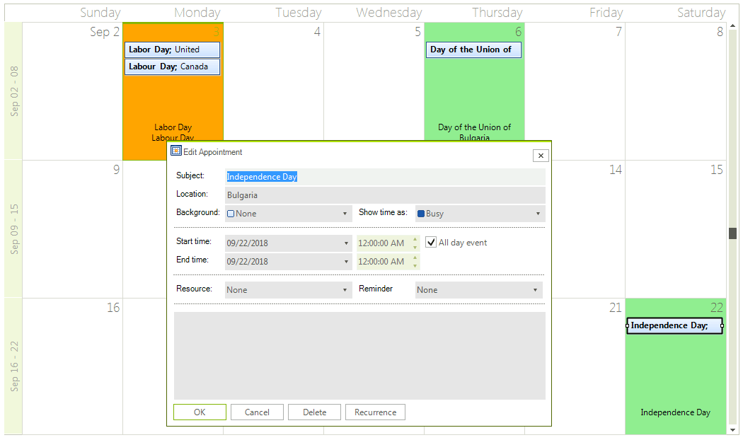 WinForms RadScheduler Holidays