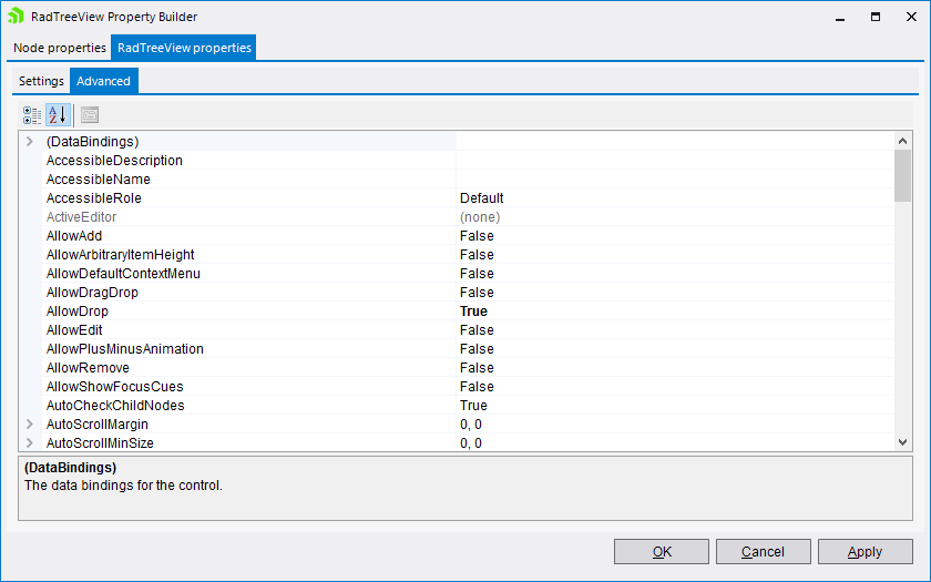 WinForms RadTreeView Properties Advanced tab