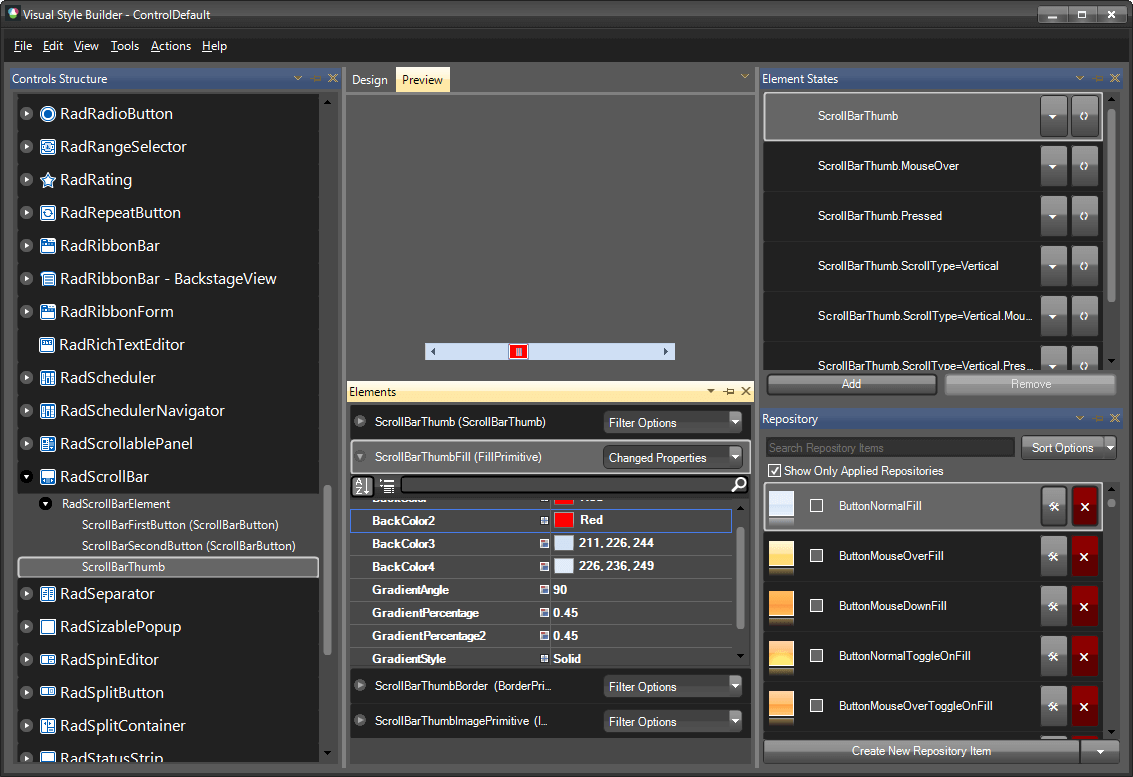 WinForms RadScrollBar Fill