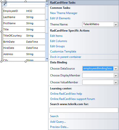 WinForms RadCardView Bound Employees