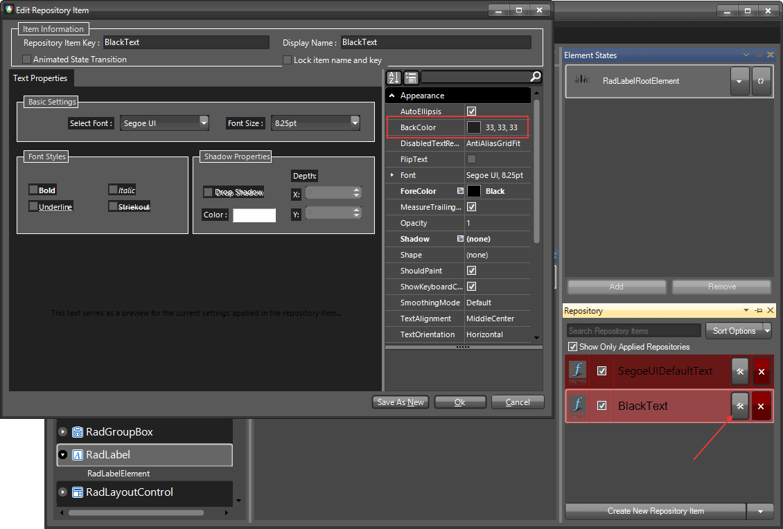 WinForms RadLabel Text Repository Item