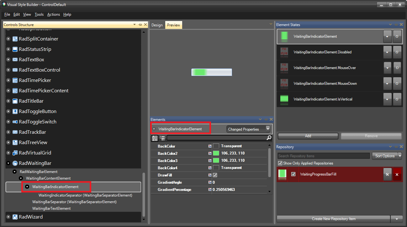 WinForms RadWaitingBar Controls Structure