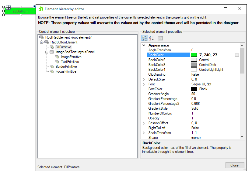 WinForms RadButtons Element Hierarchy Editor