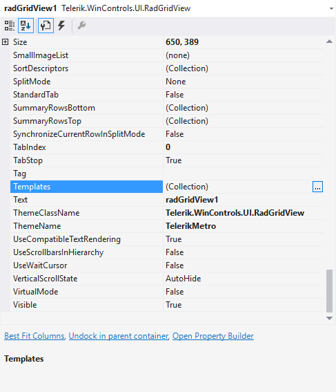 WinForms RadGridView Templates