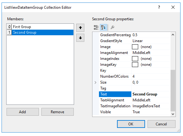 WinForms RadListView ListViewDataItemGroup Collection Editor