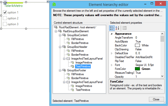 WinForms RadGroupBox Element Hierarchy Editor