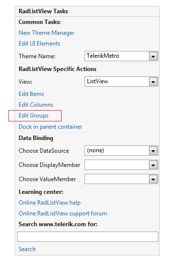WinForms RadListView Groups option in Smart tag
