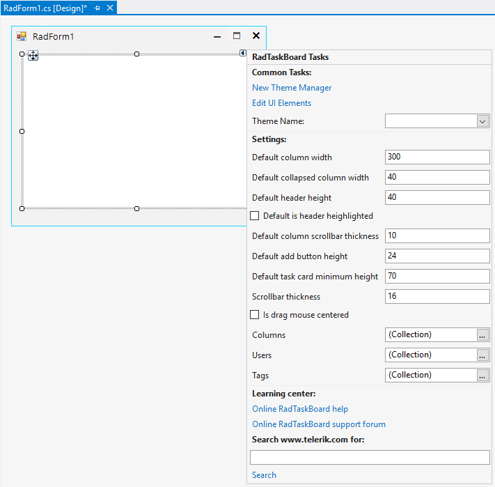 WinForms RadTaskBoard Smart Tag