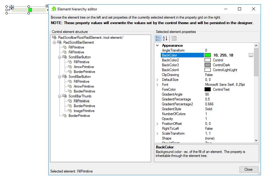 WinForms RadScrollBar Element hierarchy editor