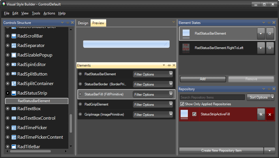 WinForms RadStatusStrip VisualStyleBuilder