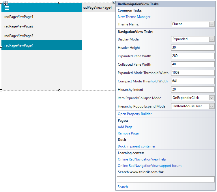 WinForms RadNavigationView Hierarchy Design Time