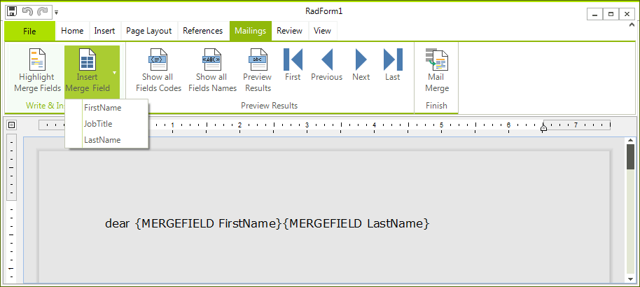 WinForms RadRichTextEditor MailMerging UI