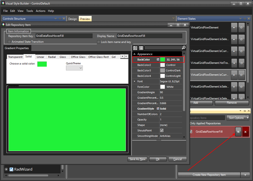 WinForms RadVirtualGrid Modify the applied fill repository item