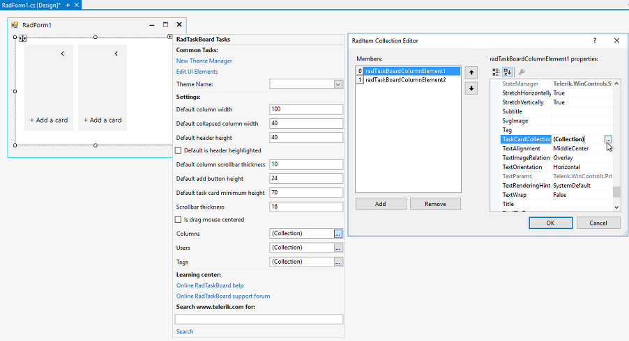 WinForms RadTaskBoard Columns Collection Editor