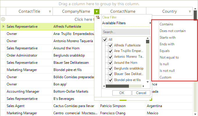 WinForms RadGridView Available Filter