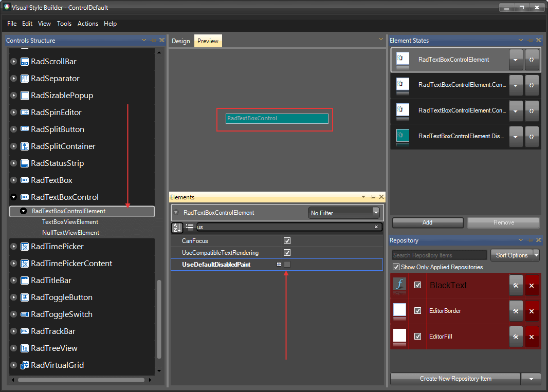 WinForms RadTextBoxControl Element UseDefaultDisabledPaint False