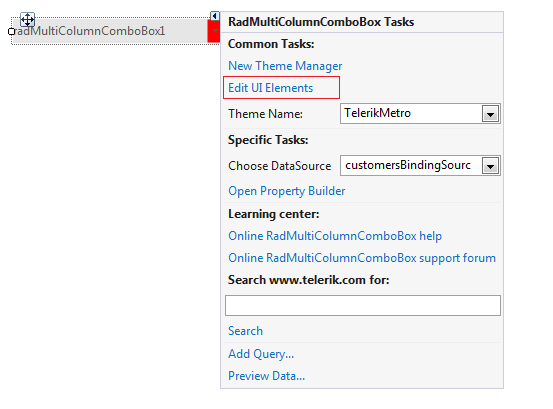 WinForms RadMultiColumnComboBox Smart Tag