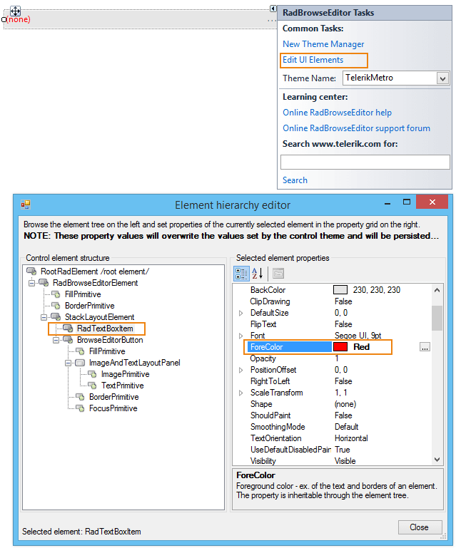 WinForms RadBrowseEditor Element Hierarchy Editor