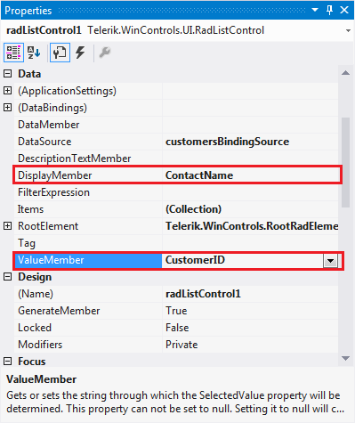 WinForms RadListControl Setting the DisplayMember and ValueMember properties at Design time
