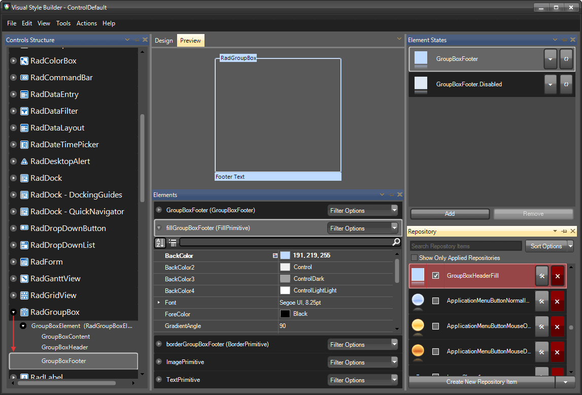 WinForms RadGroupBox VisualStyleBuilder