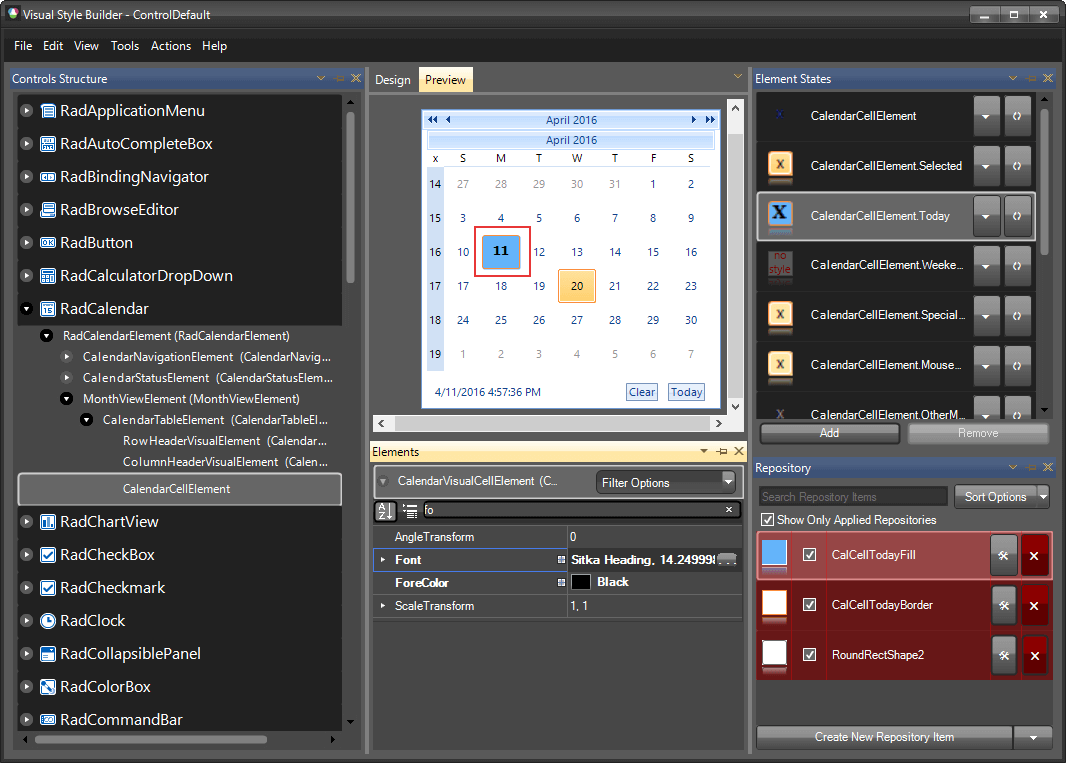 WinForms RadCalendar VisualStyleBuilder Font