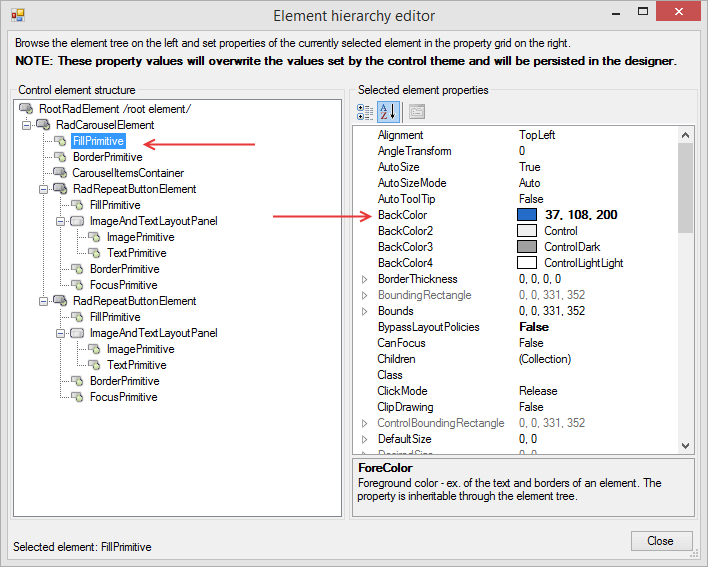 WinForms RadCarousel Change Carousel BackColor