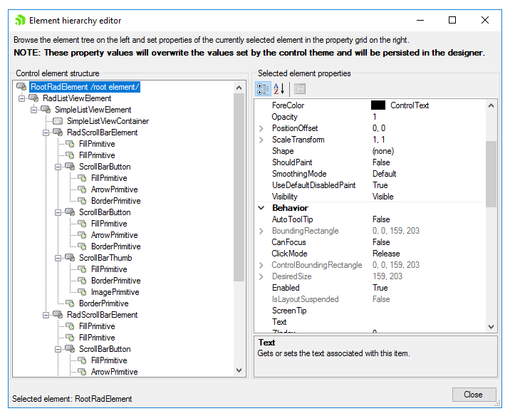 WinForms RadListView Element Hierarchy Editor