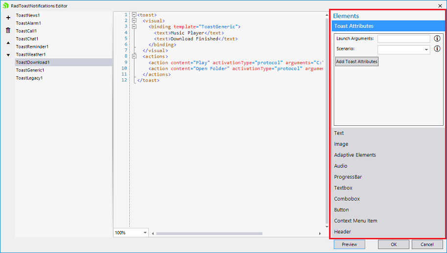 WinForms RadToastNotifications Editor