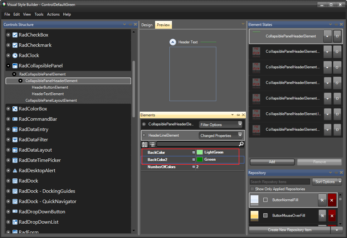 WinForms RadCollapsiblePanel HeaderLineElement