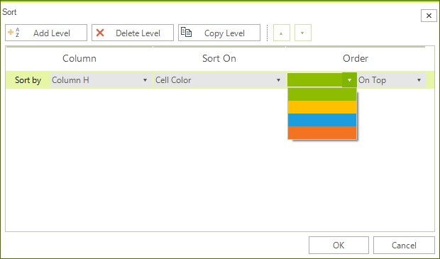 WinForms RadSpreadsheet Sorting Dialog Color Condition