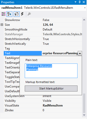 WinForms RadMenu Properties Window Text Property