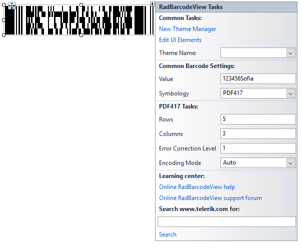 WinForms RadBarcodeView 2D PDF417 Settings