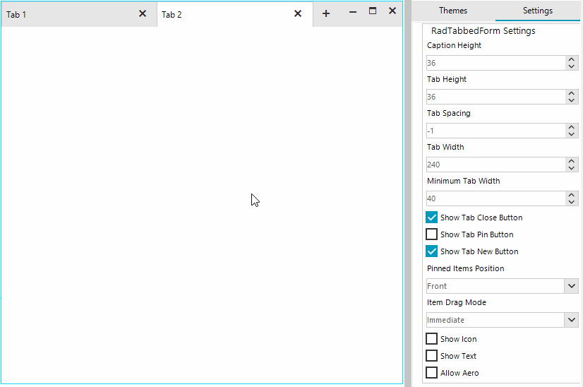 WinForms RadTabbedForm Tab Settings