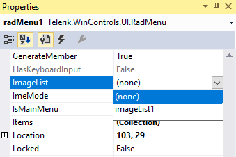 WinForms RadMenu Properties Window