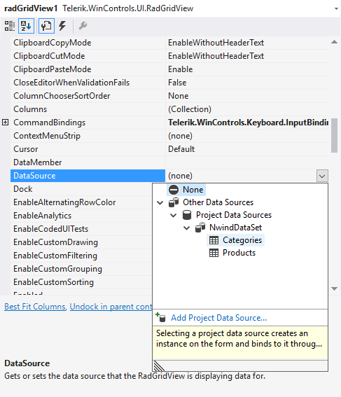 WinForms RadGridView Categories Table