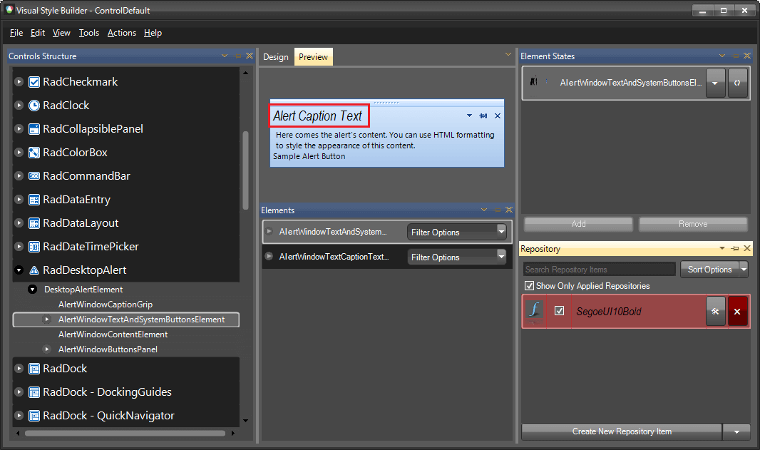 WinForms RadDesktopAlert VisualStyleBuilder