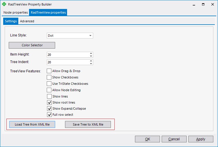 WinForms RadTreeView Properties Settings tab
